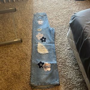 BDG HIGH WAISTED FLOWER FLORAL FLARE BAGGY SKATER JEANS RIPPED